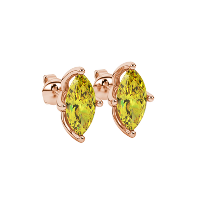 Close-up, marquise cut canary yellow gemstone earrings, rose gold tulip basket.