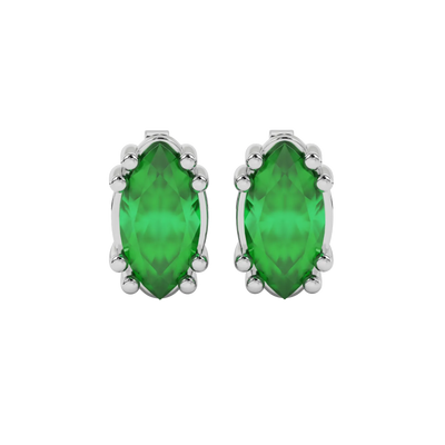 Marquise cut emerald green gemstone earrings, white gold vintage basket setting.