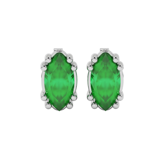 Marquise cut emerald green gemstone earrings, white gold vintage basket setting.