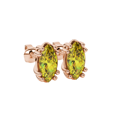 Close-up, marquise cut canary yellow gemstone earrings, rose gold vintage basket.