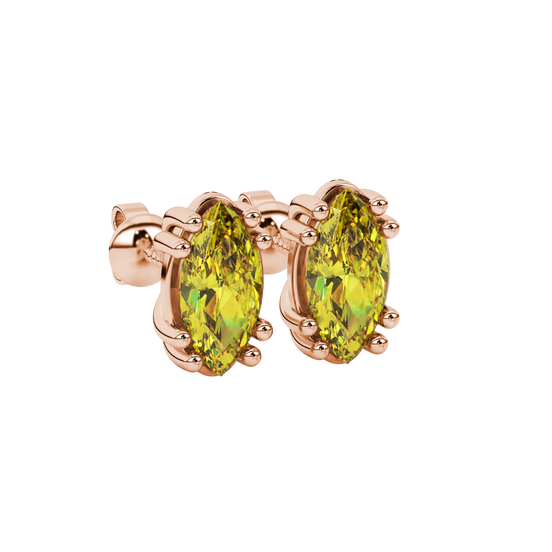 Close-up, marquise cut canary yellow gemstone earrings, rose gold vintage basket.