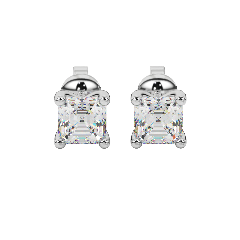Asscher cut gemstone stud earrings in gold with four-prong basket setting and screw-back closure