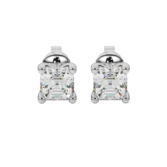 Asscher cut gemstone stud earrings in gold with four-prong basket setting and screw-back closure