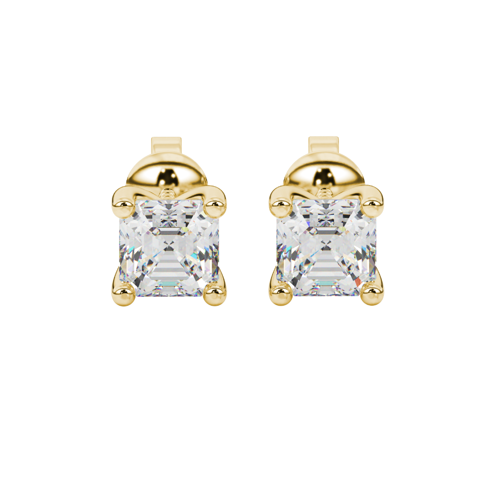 Asscher cut gemstone stud earrings in gold with four-prong basket setting and screw-back closure