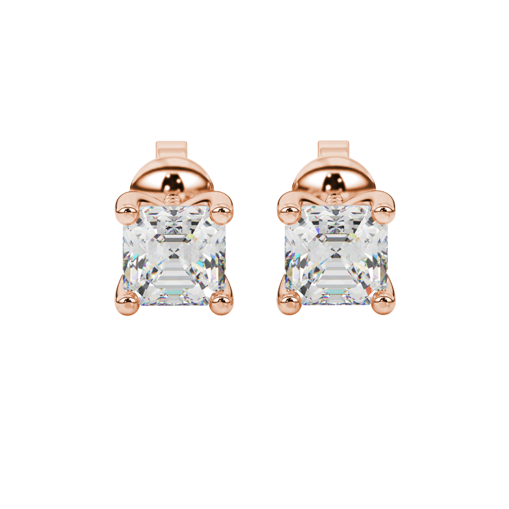 Asscher cut gemstone stud earrings in gold with four-prong basket setting and screw-back closure