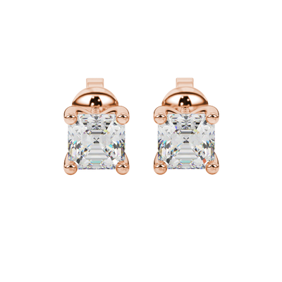 Asscher cut gemstone stud earrings in gold with four-prong basket setting and screw-back closure