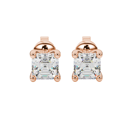 Asscher cut gemstone stud earrings in gold with four-prong basket setting and screw-back closure