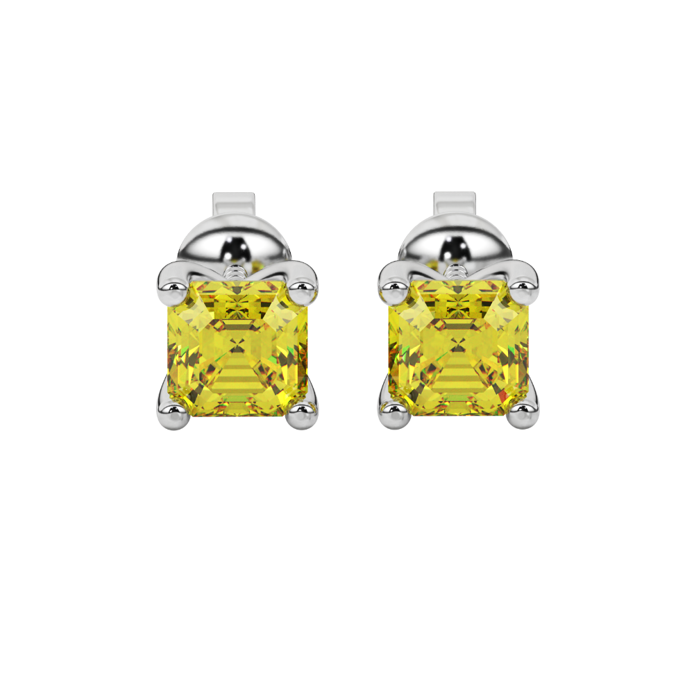 Asscher cut gemstone stud earrings in gold with four-prong basket setting and screw-back closure