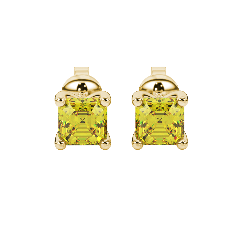 Asscher cut gemstone stud earrings in gold with four-prong basket setting and screw-back closure