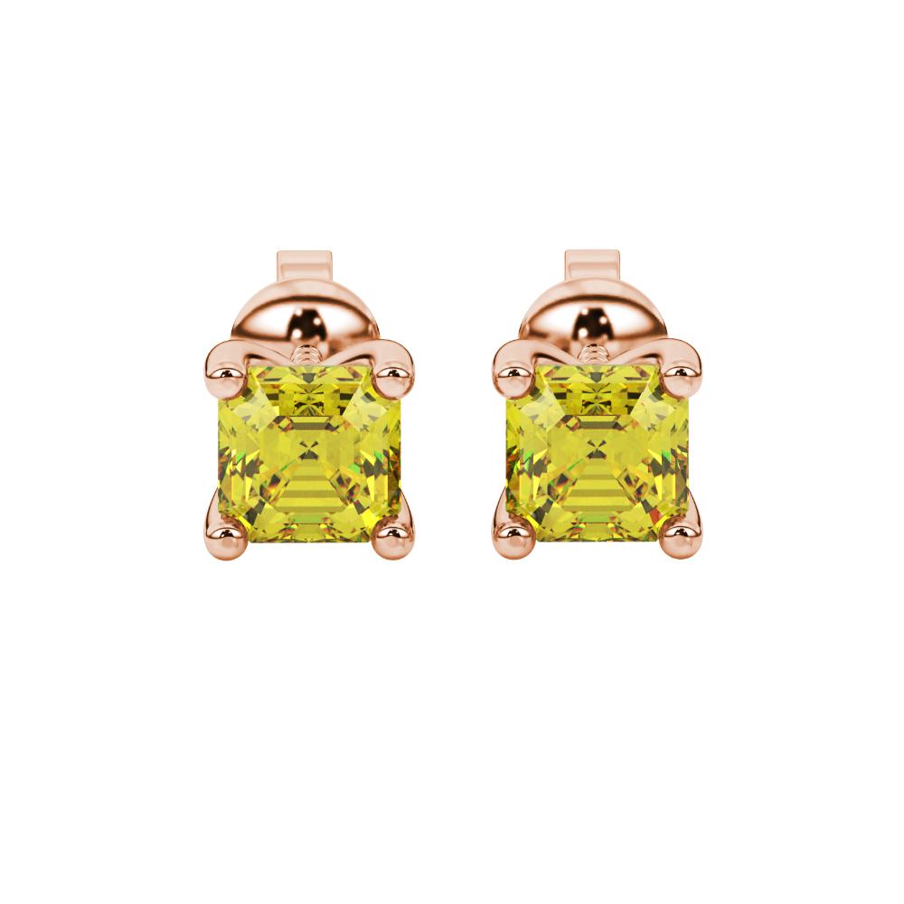Asscher cut gemstone stud earrings in gold with four-prong basket setting and screw-back closure