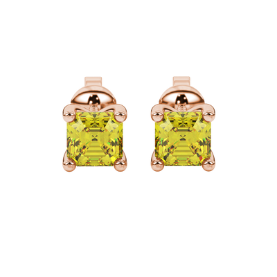 Asscher cut gemstone stud earrings in gold with four-prong basket setting and screw-back closure