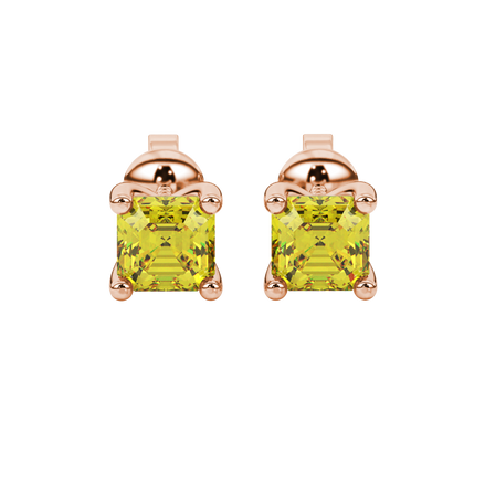 Asscher cut gemstone stud earrings in gold with four-prong basket setting and screw-back closure