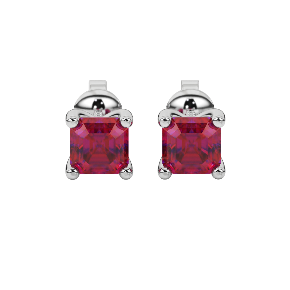 Asscher cut gemstone stud earrings in gold with four-prong basket setting and screw-back closure