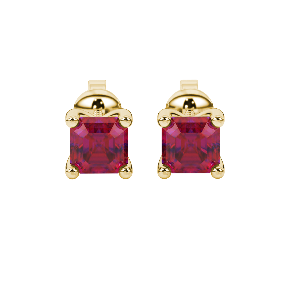 Asscher cut gemstone stud earrings in gold with four-prong basket setting and screw-back closure