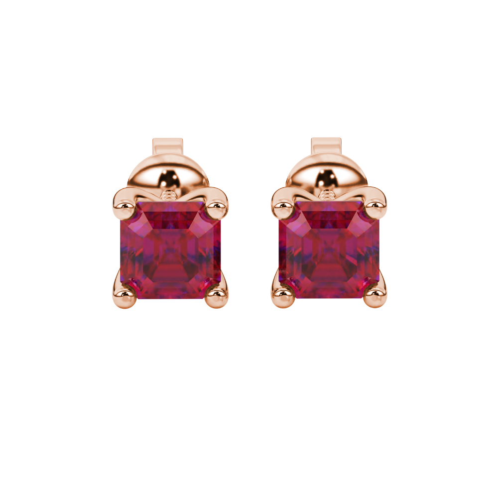 Asscher cut gemstone stud earrings in gold with four-prong basket setting and screw-back closure