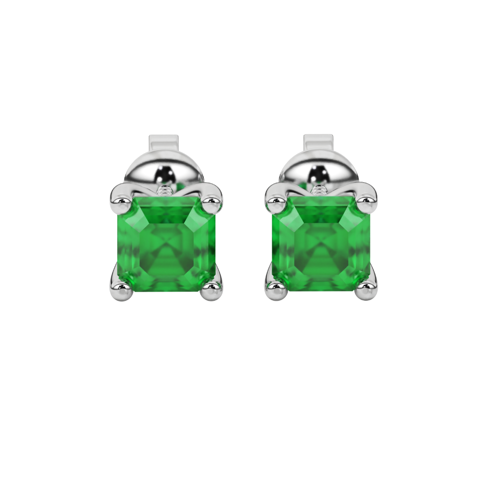 Asscher cut gemstone stud earrings in gold with four-prong basket setting and screw-back closure