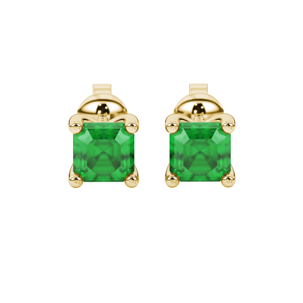 Asscher cut gemstone stud earrings in gold with four-prong basket setting and screw-back closure