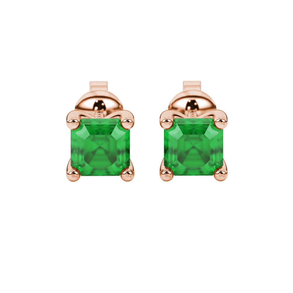 Asscher cut gemstone stud earrings in gold with four-prong basket setting and screw-back closure