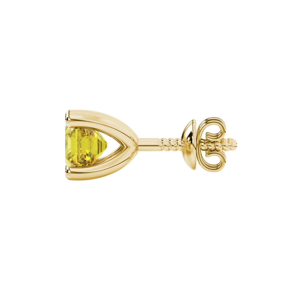 Asscher cut gemstone stud earrings in gold with four-prong basket setting and screw-back closure