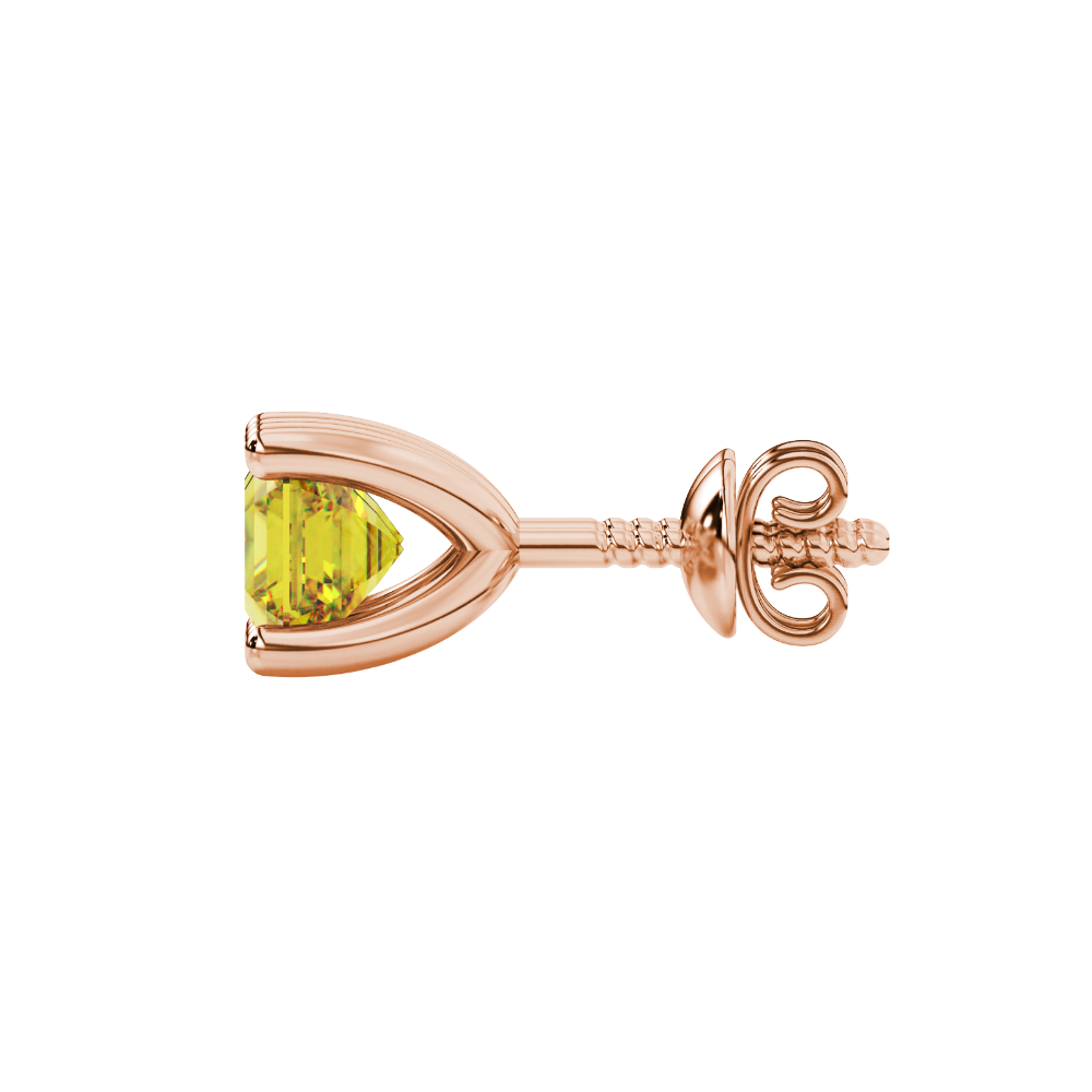 Asscher cut gemstone stud earrings in gold with four-prong basket setting and screw-back closure