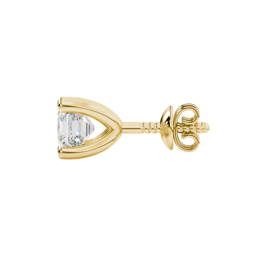 Asscher cut gemstone stud earrings in gold with four-prong basket setting and screw-back closure