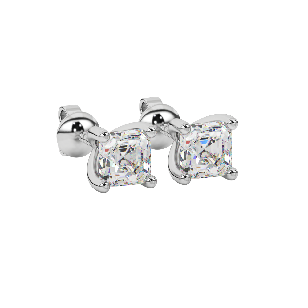 Asscher cut gemstone stud earrings in gold with four-prong basket setting and screw-back closure