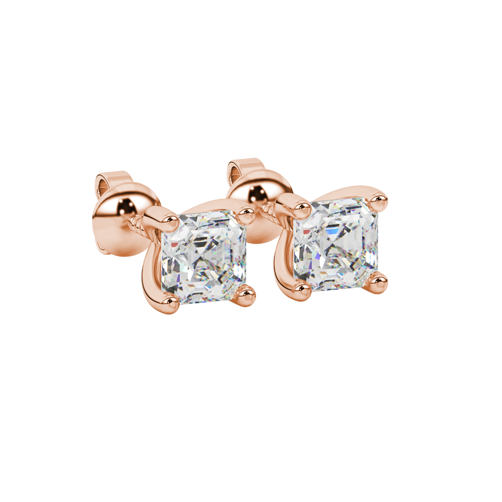 Asscher cut gemstone stud earrings in gold with four-prong basket setting and screw-back closure