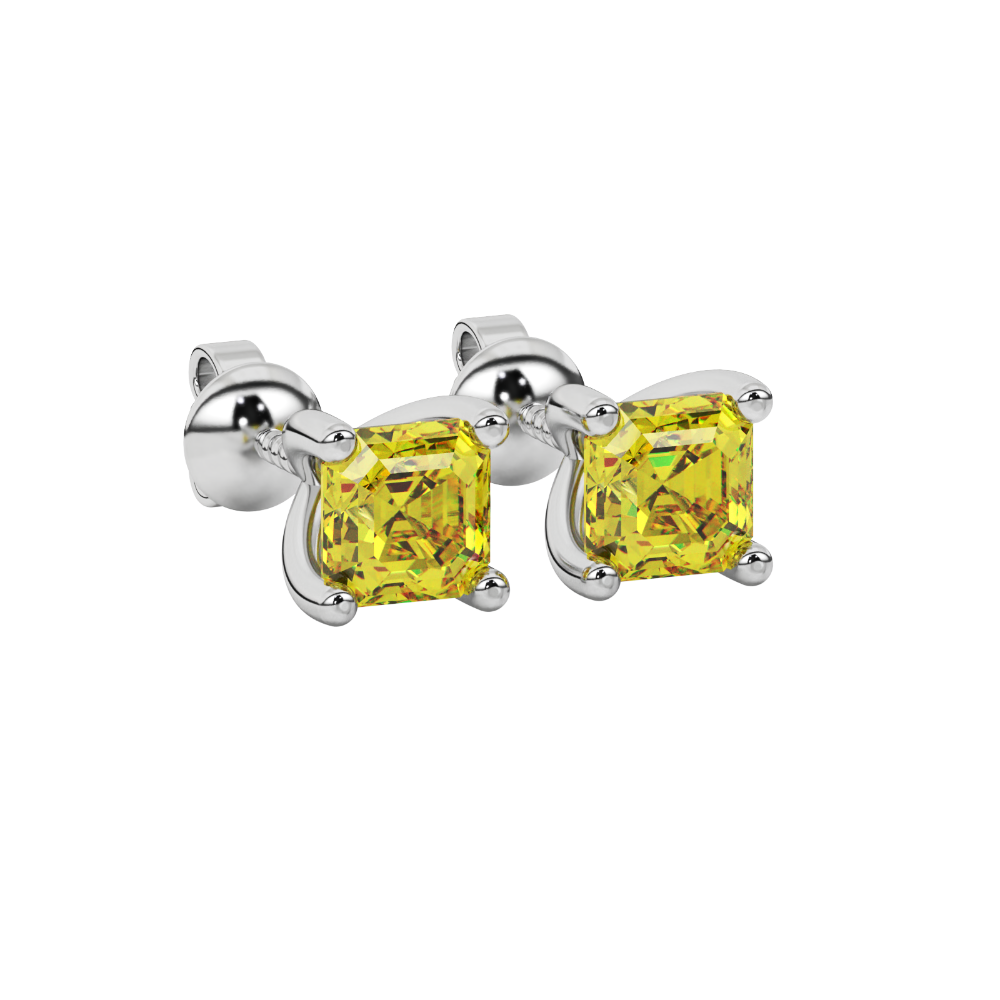 Asscher cut gemstone stud earrings in gold with four-prong basket setting and screw-back closure
