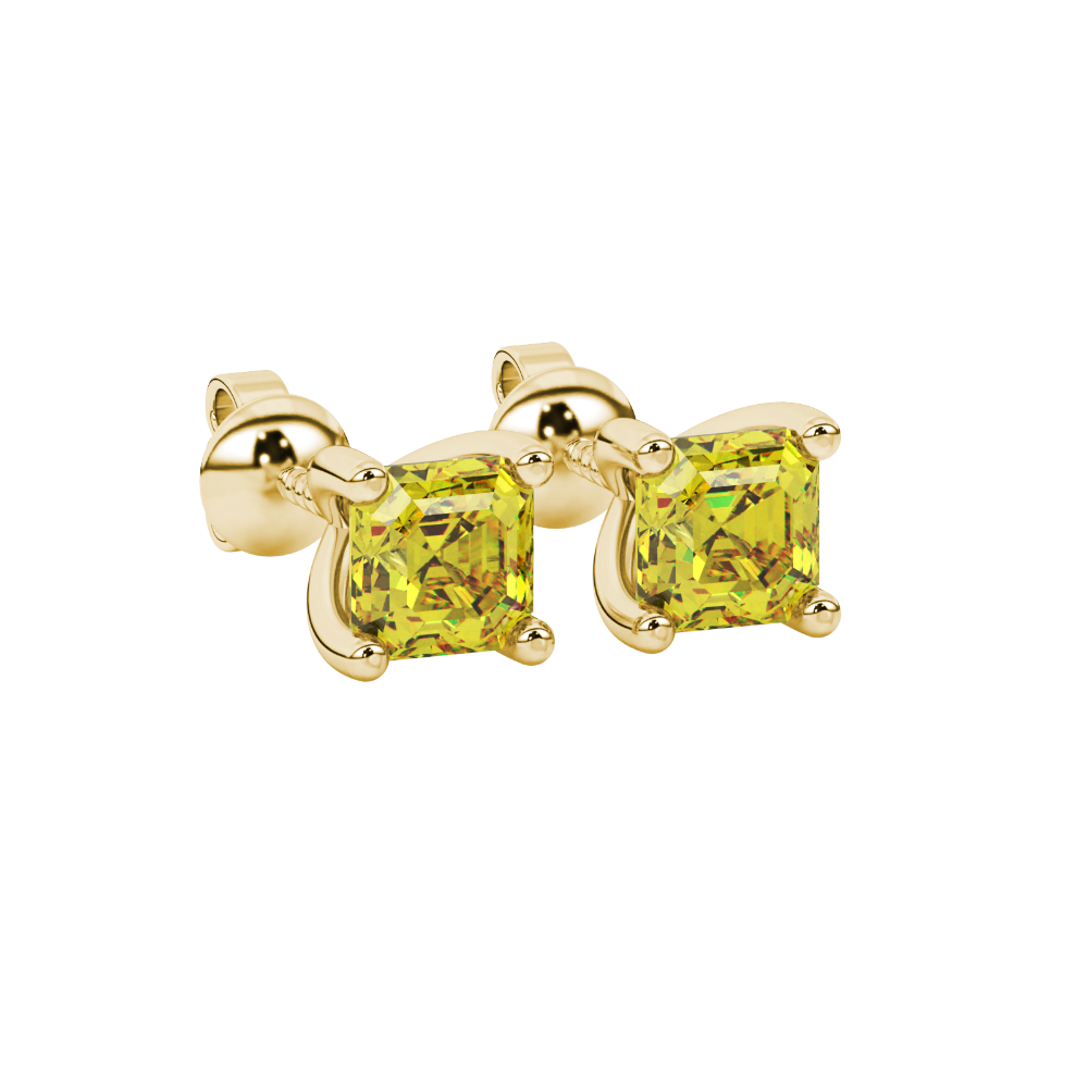 Asscher cut gemstone stud earrings in gold with four-prong basket setting and screw-back closure