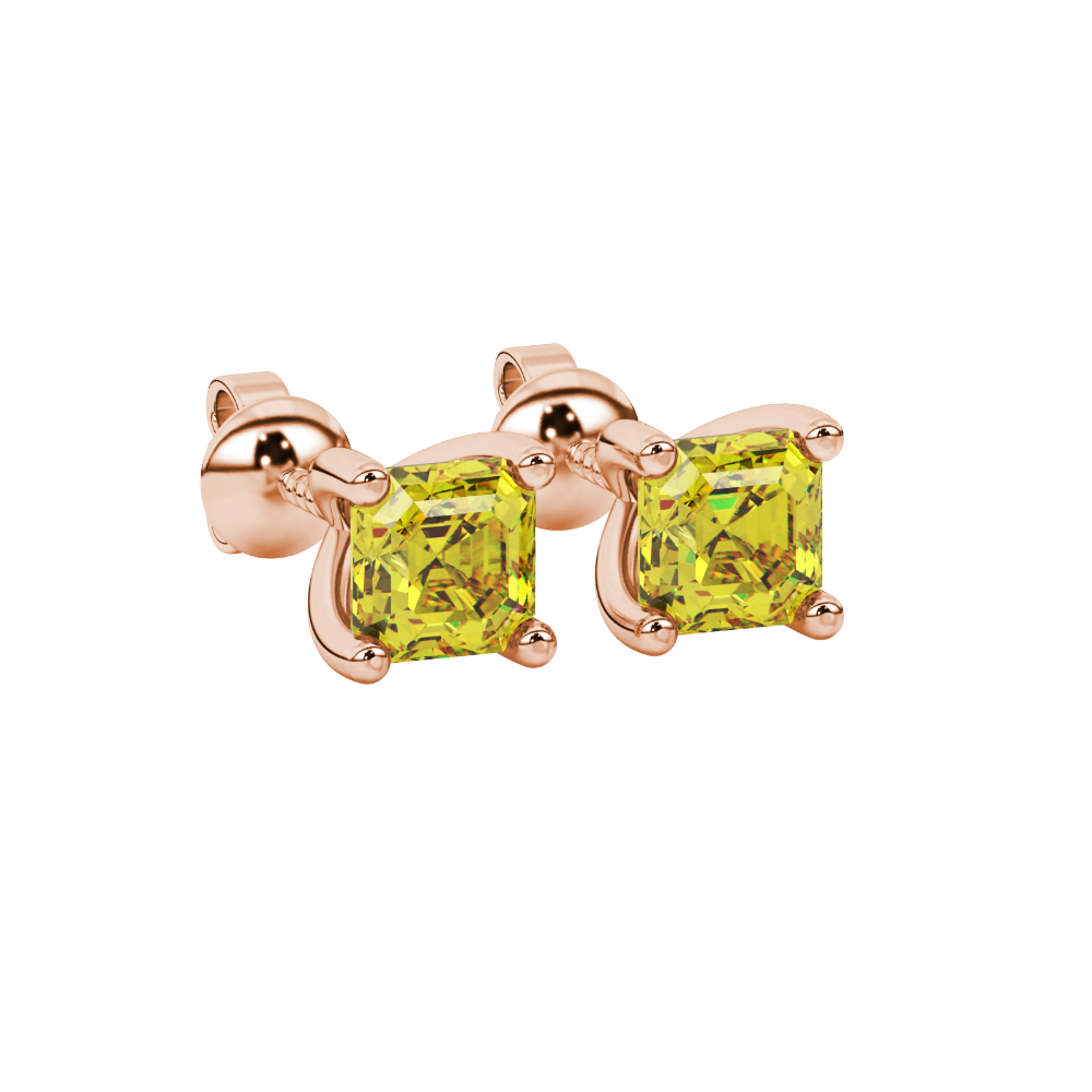 Asscher cut gemstone stud earrings in gold with four-prong basket setting and screw-back closure