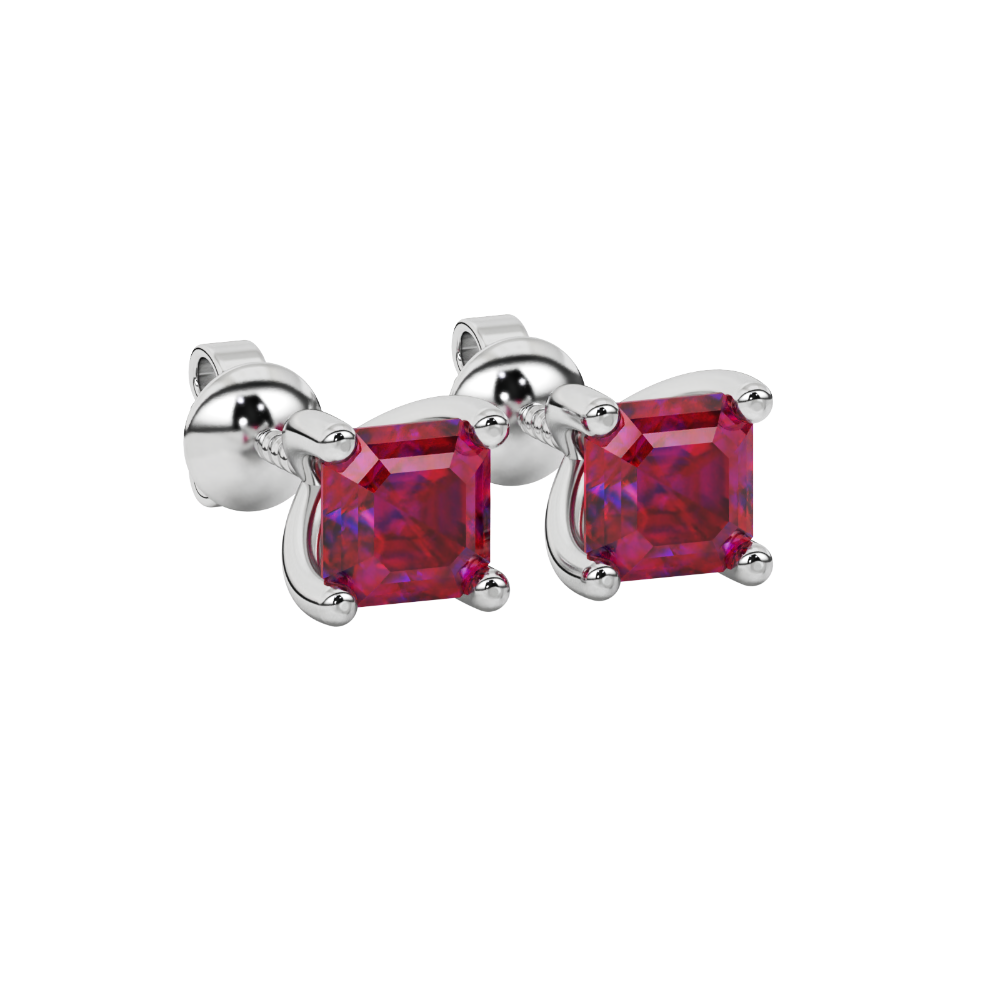 Asscher cut gemstone stud earrings in gold with four-prong basket setting and screw-back closure