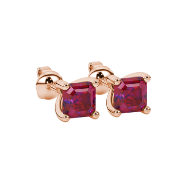 Raspberry Red gemstone four-prong basket stud earrings in rose gold