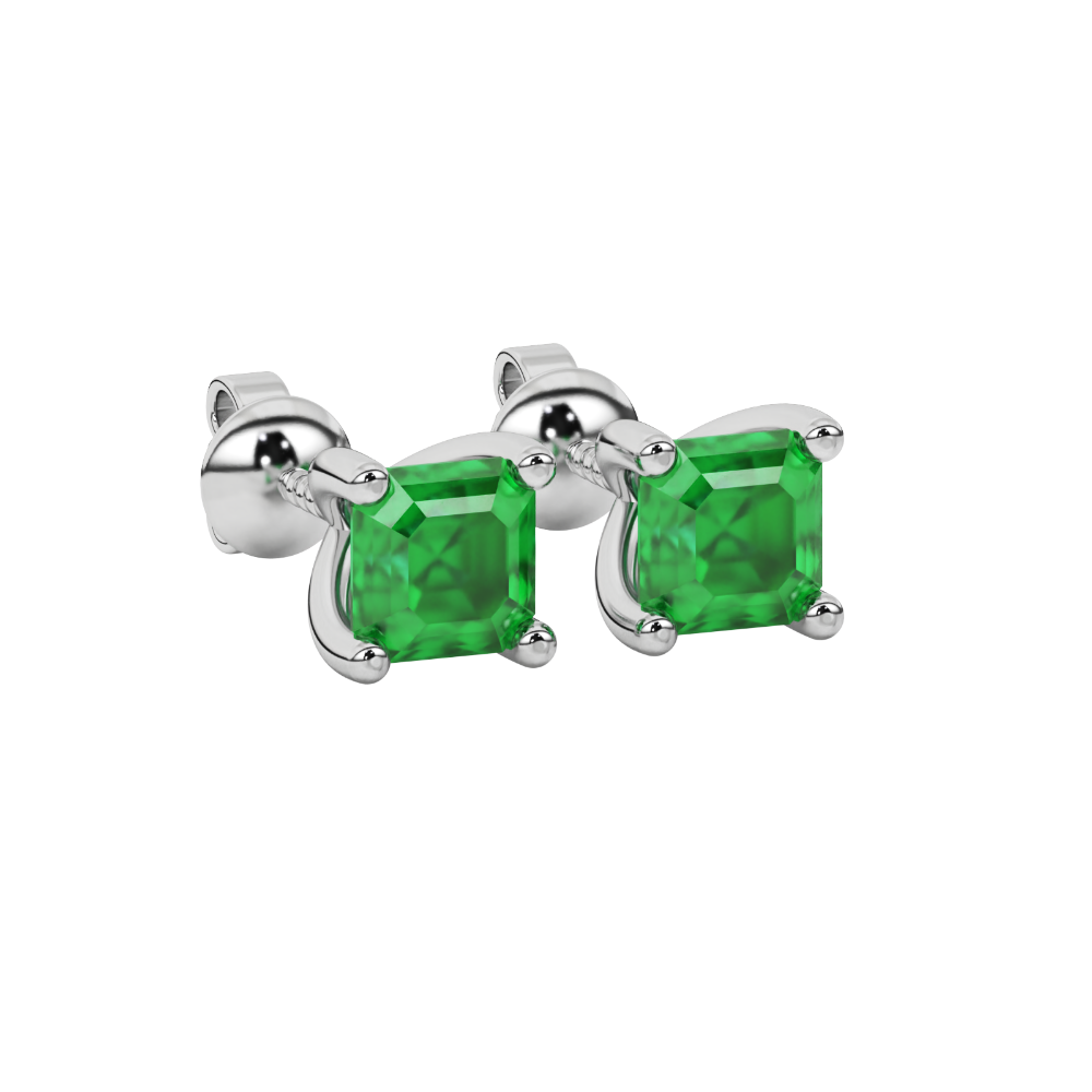 Asscher cut gemstone stud earrings in gold with four-prong basket setting and screw-back closure
