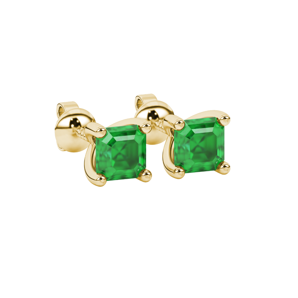 Asscher cut gemstone stud earrings in gold with four-prong basket setting and screw-back closure