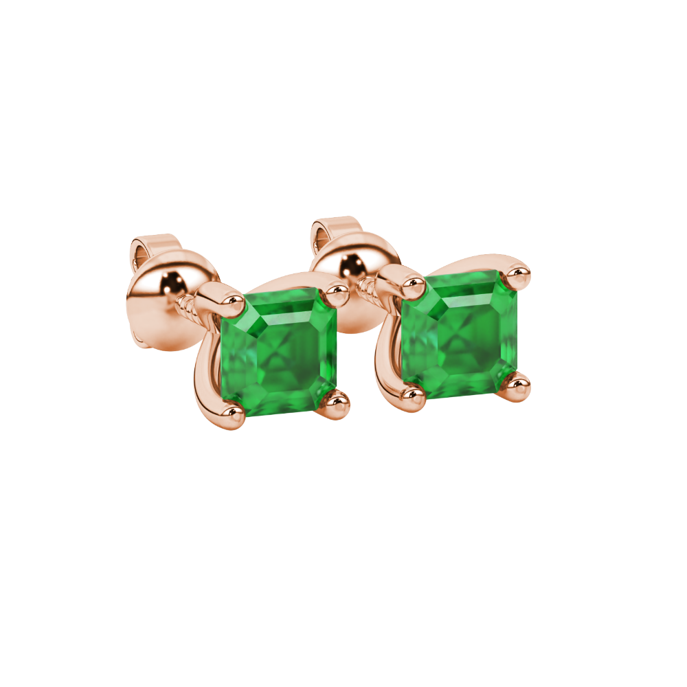 Asscher cut gemstone stud earrings in gold with four-prong basket setting and screw-back closure