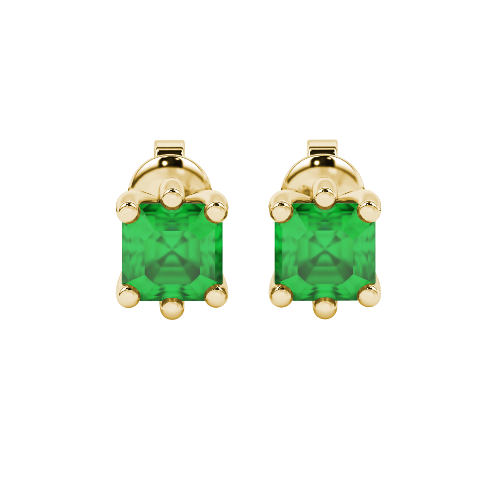 Asscher cut gemstone stud earrings in gold with six-prong basket setting and screw-back closure