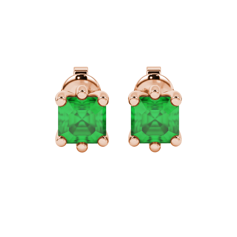 Asscher cut gemstone stud earrings in gold with six-prong basket setting and screw-back closure