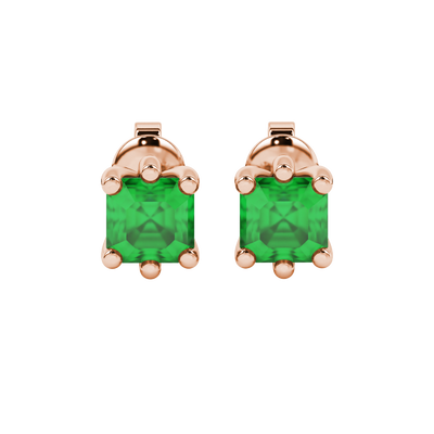 Asscher cut gemstone stud earrings in gold with six-prong basket setting and screw-back closure