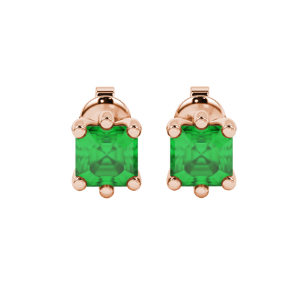 Asscher cut gemstone stud earrings in gold with six-prong basket setting and screw-back closure