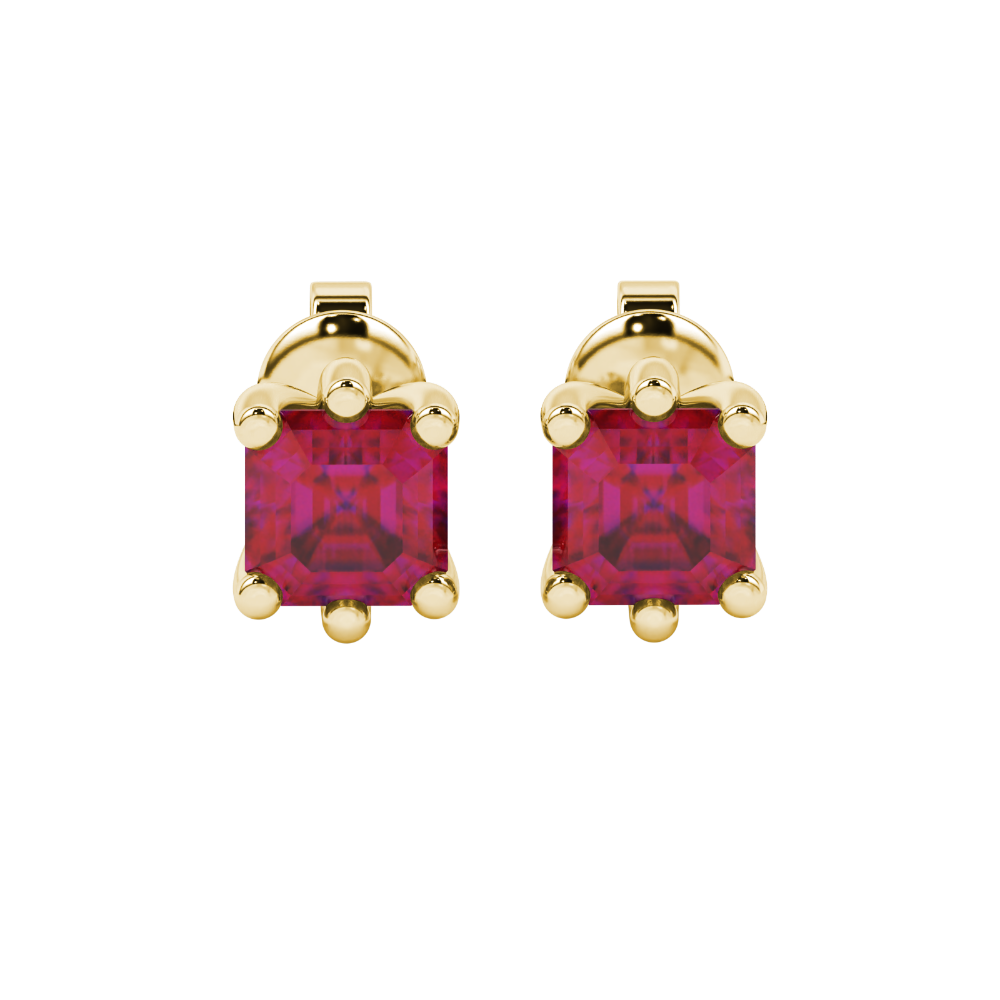 Asscher cut gemstone stud earrings in gold with six-prong basket setting and screw-back closure