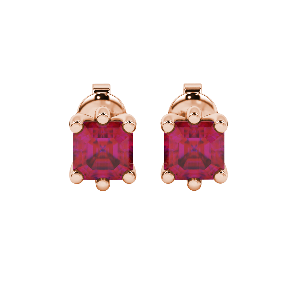 Asscher cut gemstone stud earrings in gold with six-prong basket setting and screw-back closure