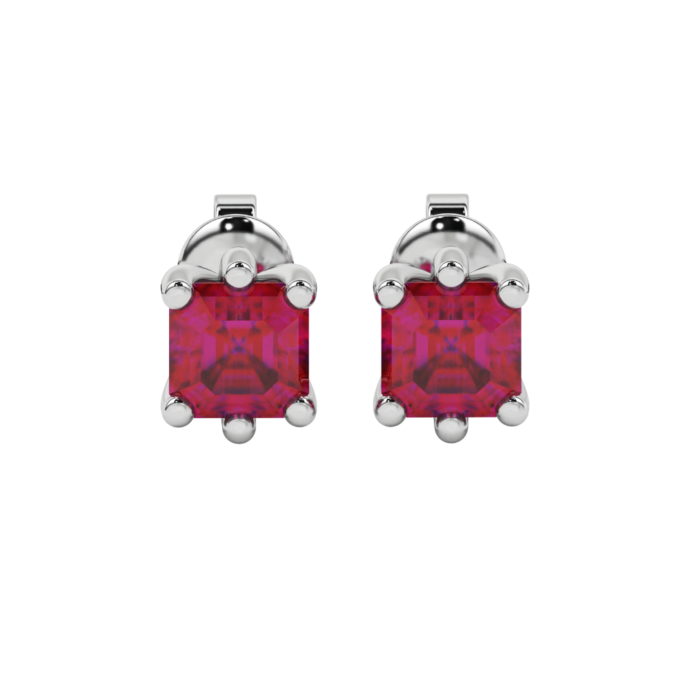 Asscher cut gemstone stud earrings in gold with six-prong basket setting and screw-back closure