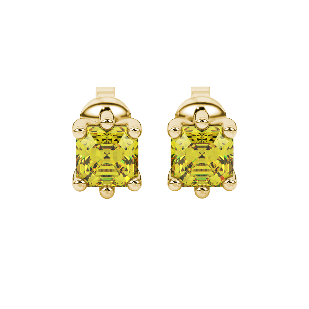 Asscher cut gemstone stud earrings in gold with six-prong basket setting and screw-back closure