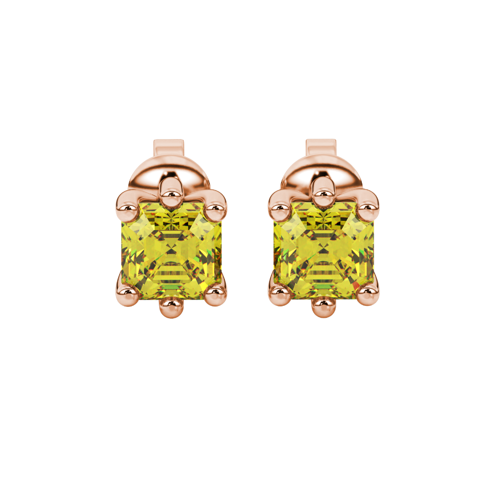 Asscher cut gemstone stud earrings in gold with six-prong basket setting and screw-back closure