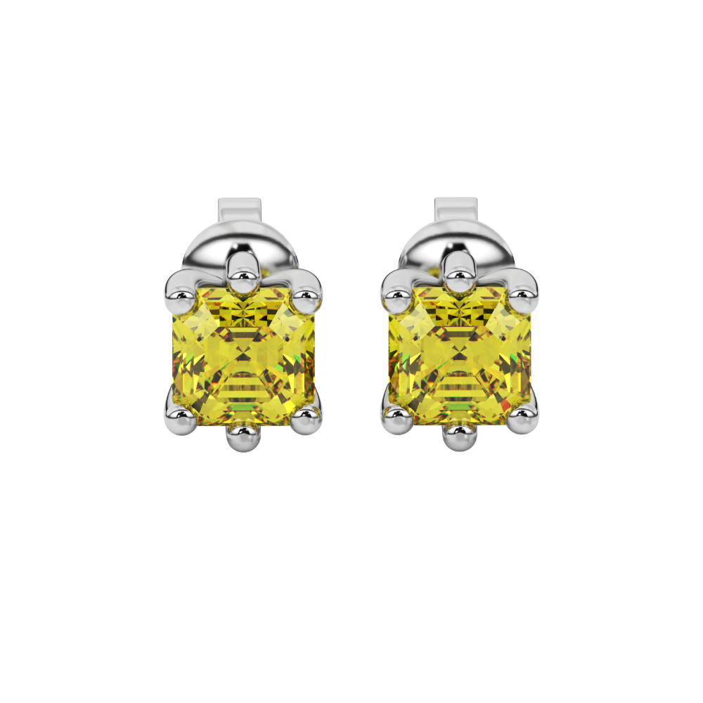 Asscher cut gemstone stud earrings in gold with six-prong basket setting and screw-back closure