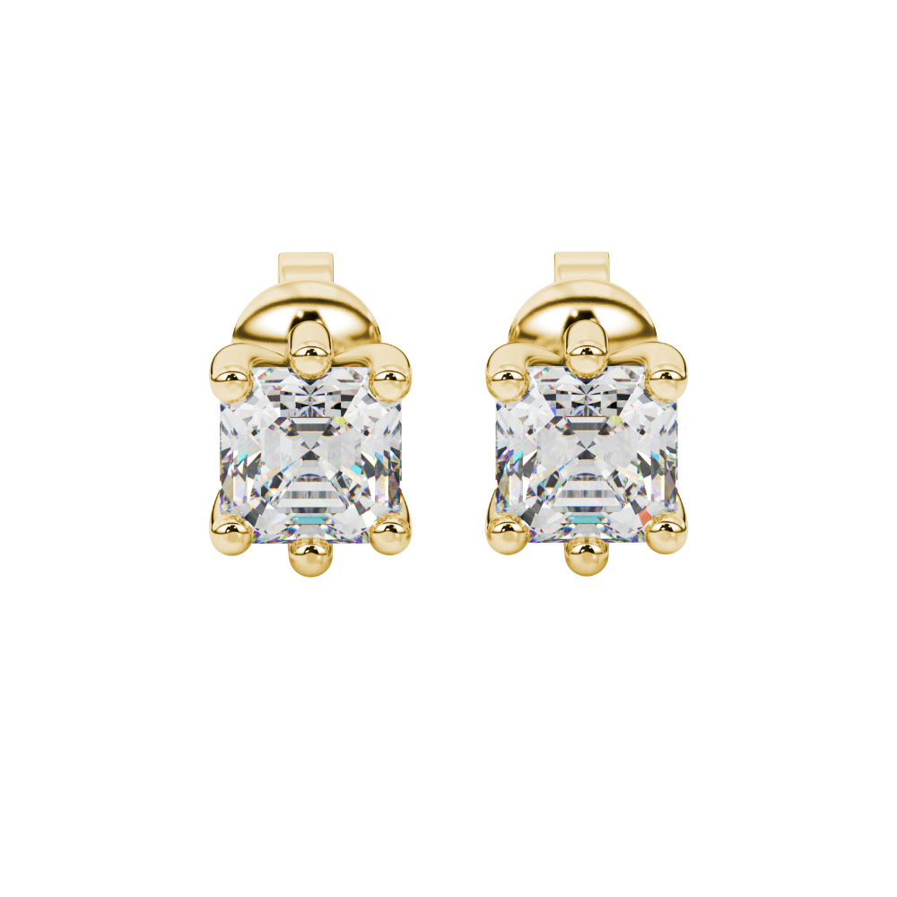 Asscher cut gemstone stud earrings in gold with six-prong basket setting and screw-back closure