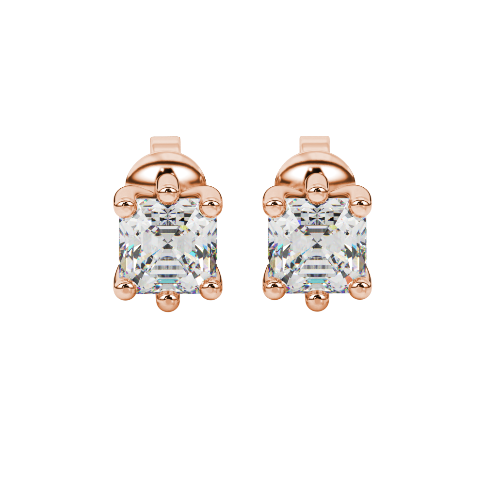 Asscher cut gemstone stud earrings in gold with six-prong basket setting and screw-back closure