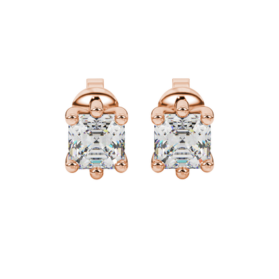 Asscher cut gemstone stud earrings in gold with six-prong basket setting and screw-back closure