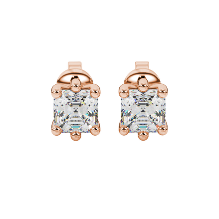 Asscher cut gemstone stud earrings in gold with six-prong basket setting and screw-back closure