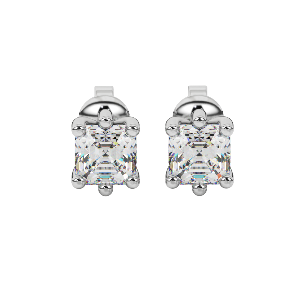 Asscher cut gemstone stud earrings in gold with six-prong basket setting and screw-back closure